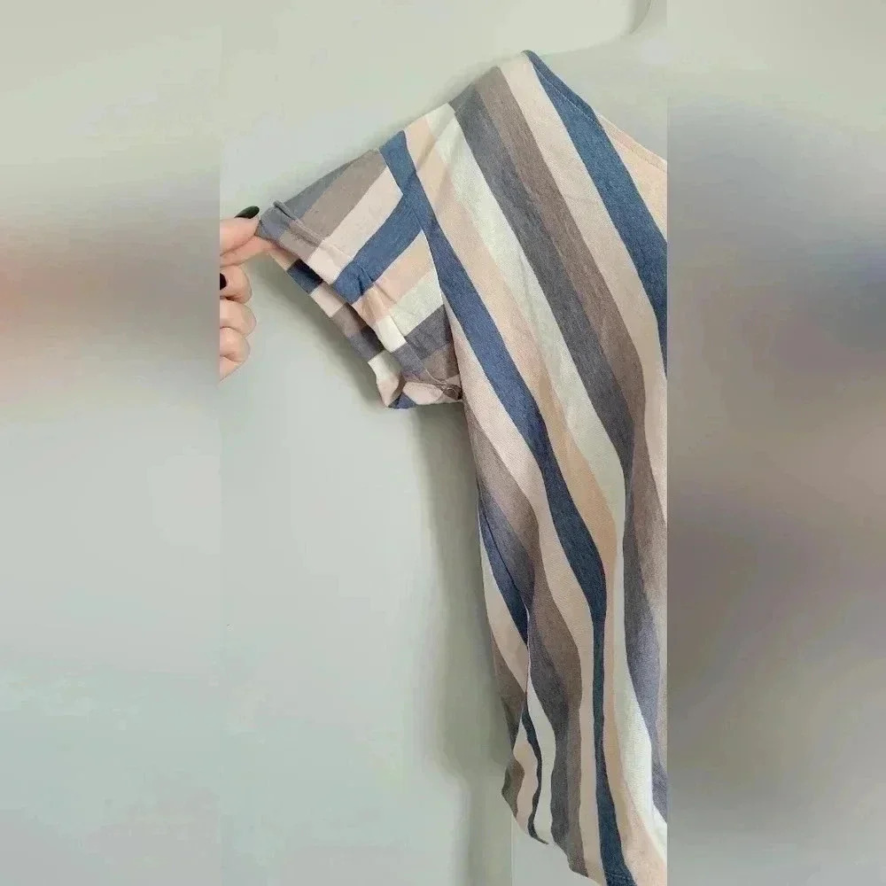 American Eagle Women's Stripped Shirt Sz M Roll Sleeve Tie Front - Picture 4 of 10